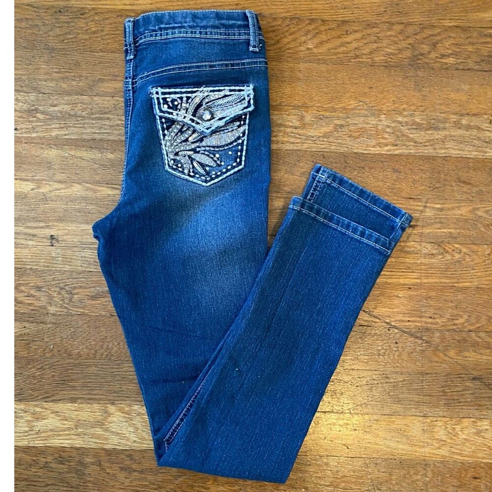 Faded Glory Boho Embellished Back Pockets Straight Leg Jeans Girls Size 14